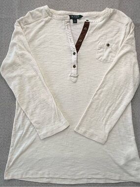 Ralph Lauren Cream Long-Sleeve Henley with Brown Placket